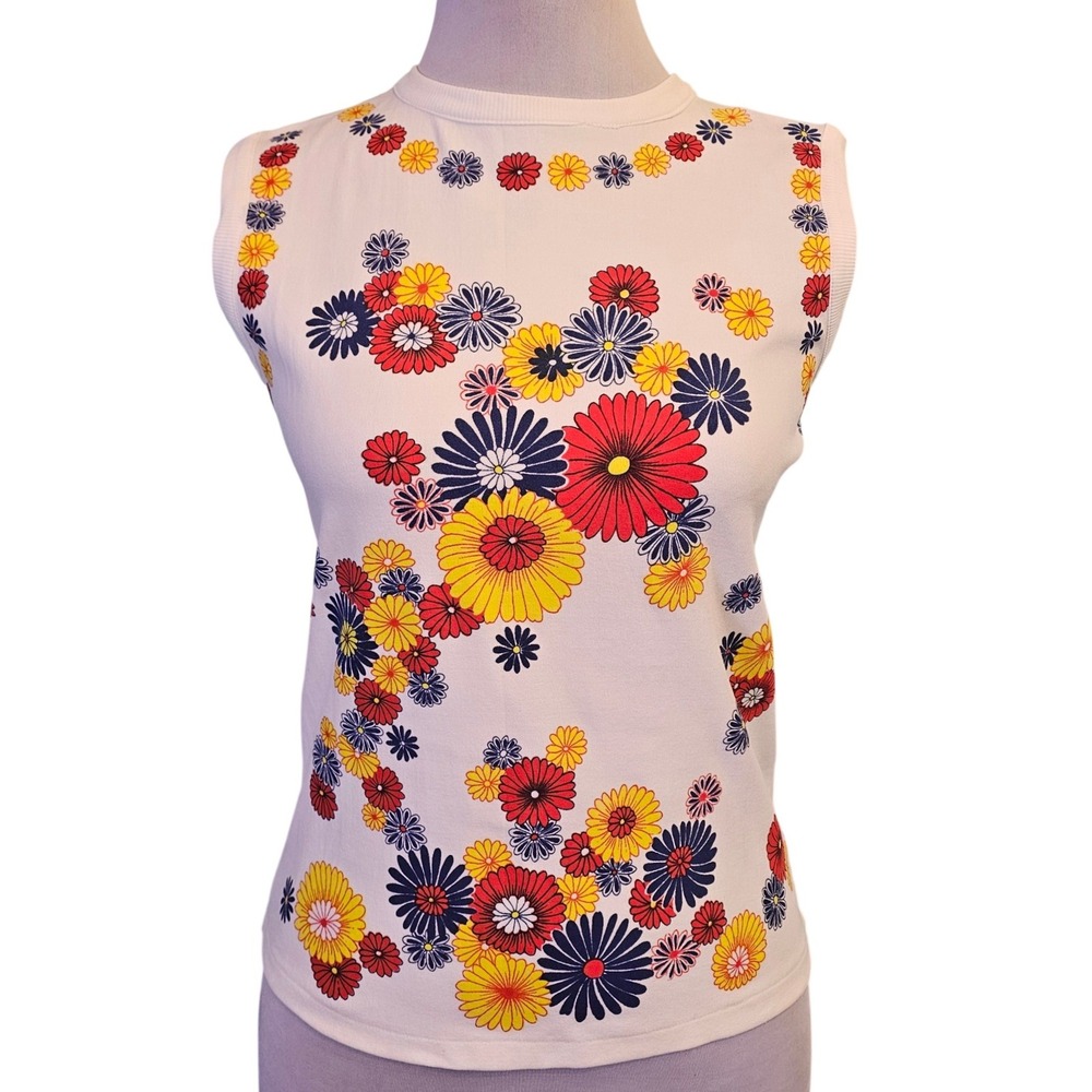 Vintage 70s Spanro Floral Nylon Sleeveless Mod Top White Size M Flower Power